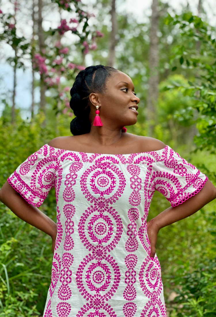 Pink Embroidered Eyelet Off Shoulder Dress