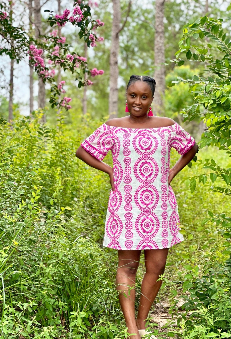 Pink Embroidered Eyelet Off Shoulder Dress